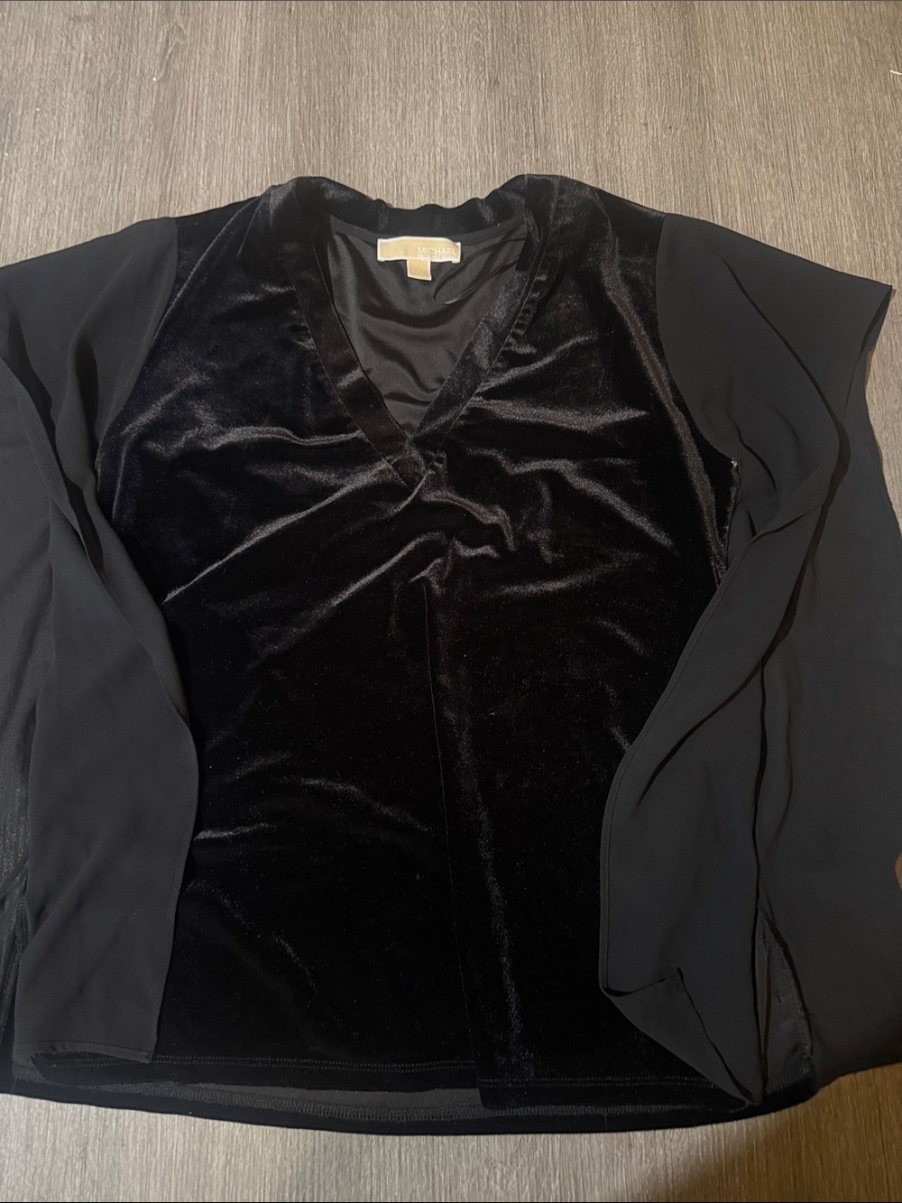 Michael Kors Black Velvet V-Neck Blouse with Black Sleeves